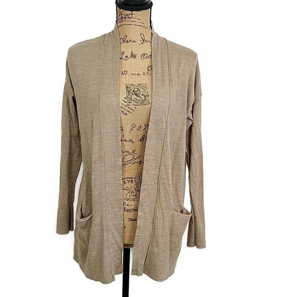 LOFT Cardigan Sweater Womens Small Tan Wool Blend Open Front Shawl Pocket